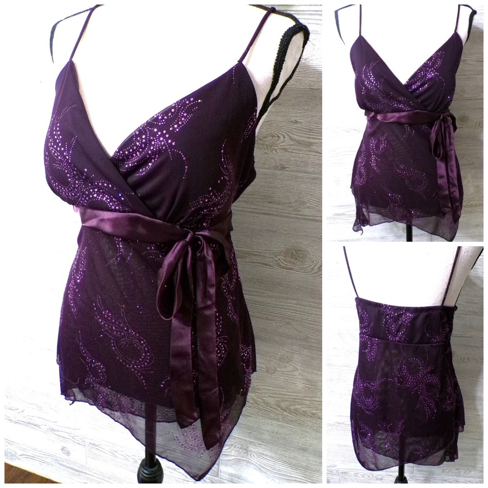 Y2K Studio 1940 Plum Sequin Handkerchief Hem Cami Top L Whimsigoth Fairycore NWT